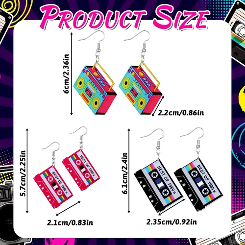 Vista 2 de Aretes de los años 70, 80 y 90 para mujer, aretes retro de cinta de cassette acrílica, aretes colgantes para Halloween, cosplay, fiesta brillante