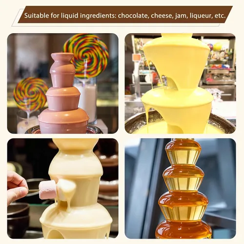 Vista 4 de Fuente de chocolate de 4 niveles, máquina de cascada de chocolate de acero inoxidable, torre de fondue de queso caliente con control automático
