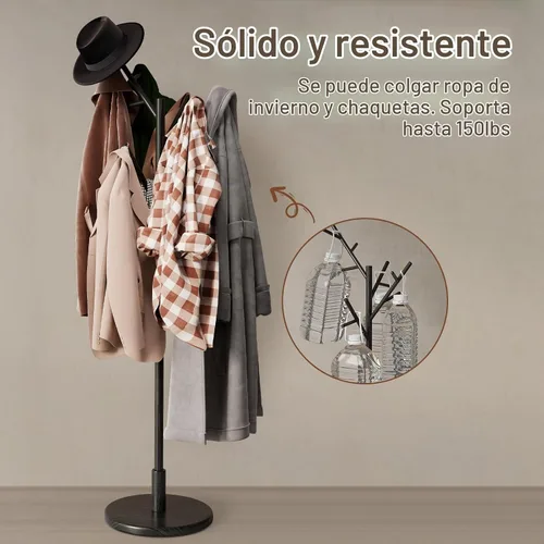 Vista 6 de Muwuele Perchero de madera maciza independiente con 12 ganchos, perchero independiente con 3 alturas ajustables para abrigos, sombreros, bolsos