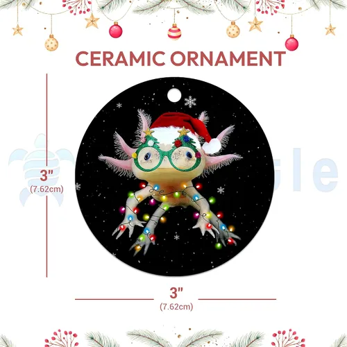 Vista 3 de Hyturtle Adorno de Navidad para los amantes de los ajolotes – Ajolote con sombrero, adorno de cerámica de Navidad – Lindo regalo para amantes