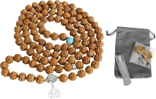 Vista 5 de Auténtico collar de cuentas Rudraksha Mala de 108 5 caras-Rudraksha adecuado para yoga, meditación y uso, sin productos químicos, cera y tratamiento