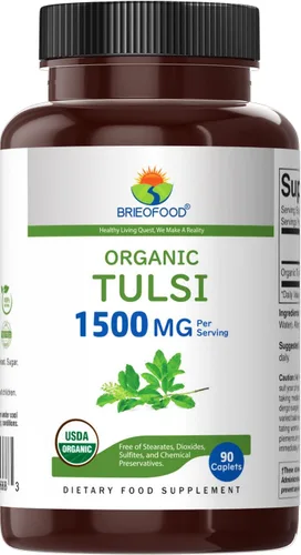 Vista 2 de Brieofood Tulsi Orgánico (albahaca sagrada) 1500 mg, 45 porciones, vegetariano, sin gluten, 90 tabletas vegetarianas (paquete de 2)