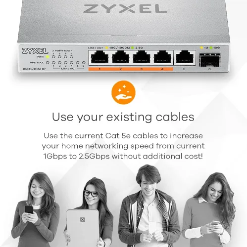 Vista 4 de Zyxel Conmutador Ethernet de red de 5 puertos No administrado 2.5G XMG-105 5x 2.5G + 1x 10G SFP+, Fanless, Plug-and-Play Installation