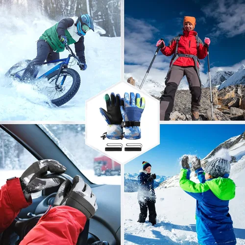 Vista 5 de Guantes de esquí, guantes de nieve, 3M Thinsulate guantes de invierno impermeables para clima frío para padres y niñas, ciclismo, conducción, correr