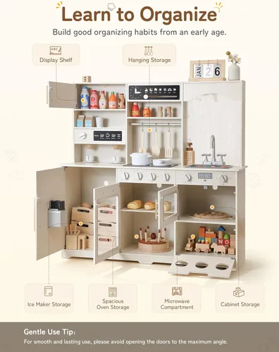 Vista 7 de besrey Juego de cocina para niños, juego de cocina de madera para niños con luces y sonidos reales, cocina de juguete para niños pequeños