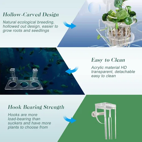 Vista 4 de Soporte acrílico para plantas de acuario para colgar plantas acuáticas, gancho ajustable para pecera para colgar cultivo y decoración de acuarios