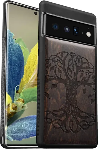 Vista 9 de Carveit Funda de madera para Pixel 6 [madera real dura y TPU suave] a prueba de golpes, funda protectora híbrida única y elegante de madera