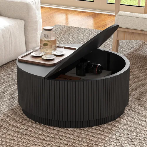 Vista 15 de Mesa de café redonda de 31.5", Mesa de centro moderna con acento acanalado y marco de metal, mesas de café de madera redondas para sala de estar