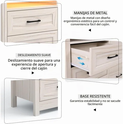 Vista 8 de Hlivelood Cómoda de granja de 9 cajones con luces LED, cómoda grande de 160 cm de ancho para dormitorio, cómoda de madera moderna con organizador