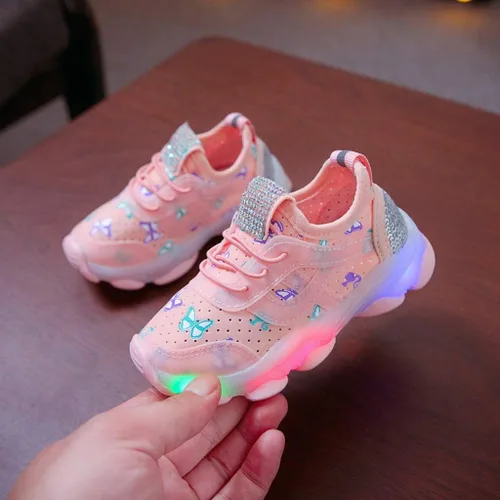 Vista 3 de Tenis deportivos para correr para niñas pequeñas con luz LED de cristal de mariposa y luz LED