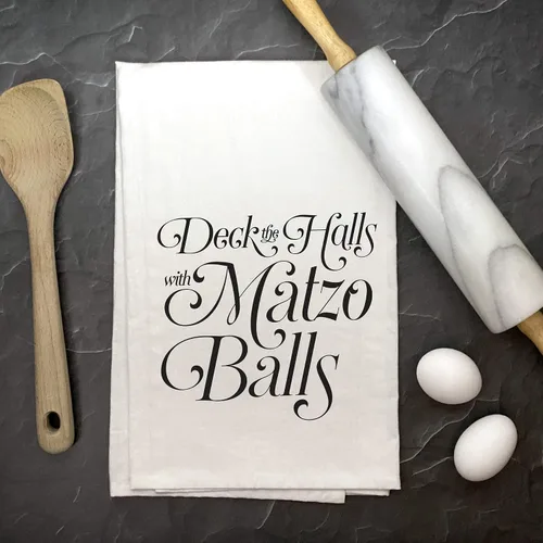 Vista 3 de Toalla de cocina Hanukkah - Deck The Hall con bolas de matzo - Toalla de mano de saco de harina blanca