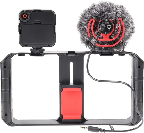 Vista 8 de FocusFoto PRO U-Rig - Soporte estabilizador para cámara de video para teléfono inteligente, agarre estabilizador con micrófono mejorado por-MM1+
