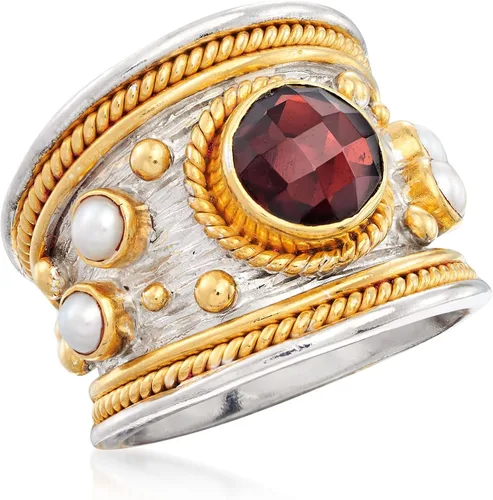 Vista 4 de Ross-Simons 2.20 Carat Garnet and 3mm Cultured Pearl Ring in Sterling Silver and 18kt Gold Over Silver