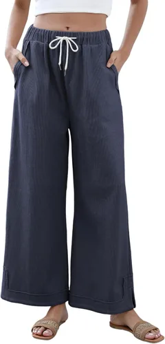 Vista 15 de Athlisan Pantalones Palazzo Holgados de Pierna Ancha para Mujer Casuales Sueltos con Cordón Cintura Elástica Pantalones de Descanso con Bolsillos