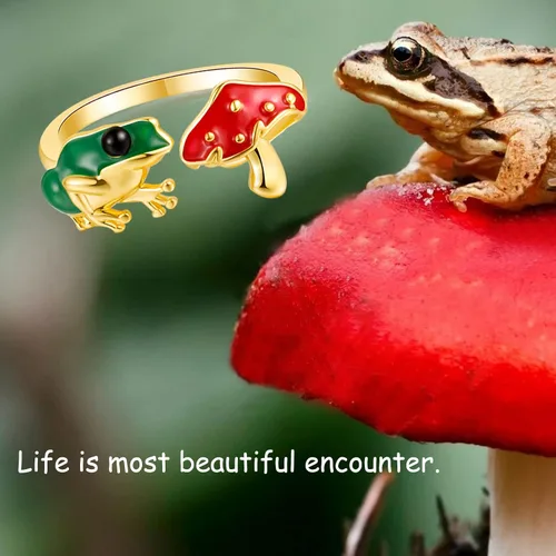 Vista 2 de Green Frog Red Mushroom Open-Rings for Women-Girls - Gold Silver Plated Cute Colorful Frog Mushroom Aesthetics Jewelry for BirthdayNew
