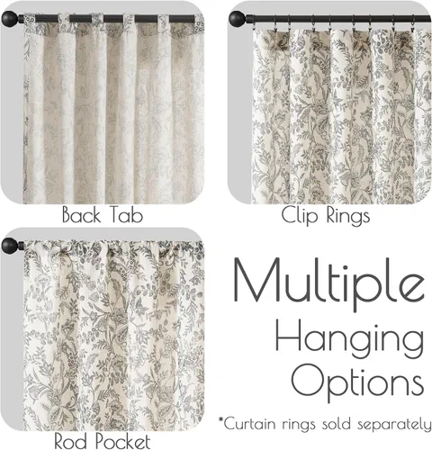Vista 6 de JINCHAN Cortinas florales de lino para sala de estar, cortinas negras de estilo granja francesa de campo, cortinas de 63 pulgadas de largo, cortinas