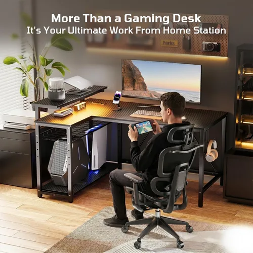 Vista 10 de Bestier - Escritorio de juegos con tomas de corriente, escritorio para computadora de 42 pulgadas en forma de L con luces LED, escritorio