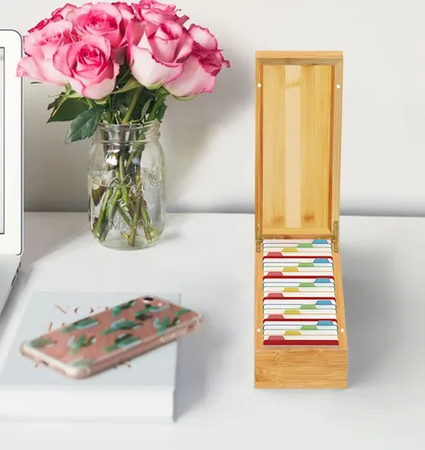 Vista 7 de Neando Organizador de tarjetas de visita de bambú para tarjetas de 2 x 3.5 pulgadas, soporte de madera con capacidad para 600 tarjetas con tapa, 4
