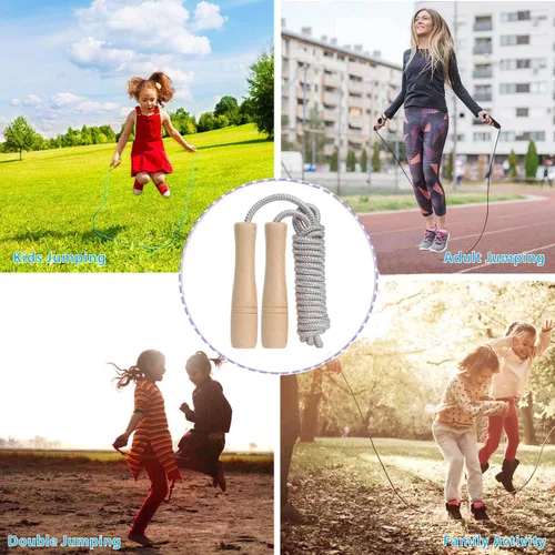 Vista 7 de Cuerda de saltar para niños, cuerda de saltar ajustable de algodón de 8.5 pies con mango de madera para niños y niñas, ejercicio al aire libre