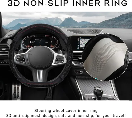 Vista 4 de DXNQ Funda para volante de automóvil, 15 pulgadas, diseño de panal 3D, protector de volante de automóvil con agarre cómodo, transpirable Negro