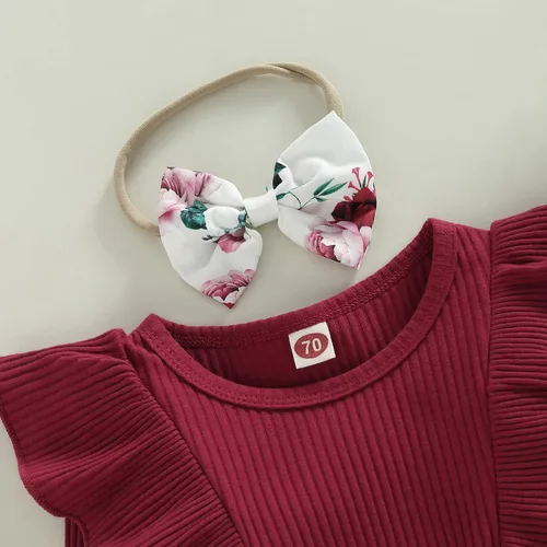 Vista 3 de Trajes de manga larga para niña recién nacida, cuello redondo, estampado de flores, patchwork con banda para el pelo, 2 piezas, ropa de otoño