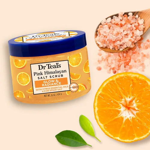 Vista 5 de Dr Teal's Exfoliante corporal con sal del Himalaya rosa, resplandor y resplandor con sal pura de Epsom y aceites esenciales cítricos, 16 onzas