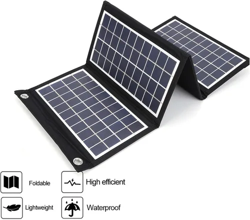 Vista 2 de Panel solar portátil, cargador de panel solar plegable de 30 W 5 V con salidas USB duales, panel solar a prueba de agua de 4 pliegues con 2 ganchos