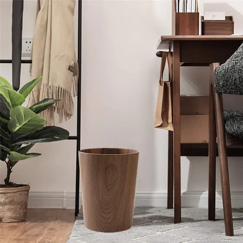 Vista 7 de Cubo de basura redondo apilable, de madera natural, para baños, cocinas, oficinas en casa (madera oscura)