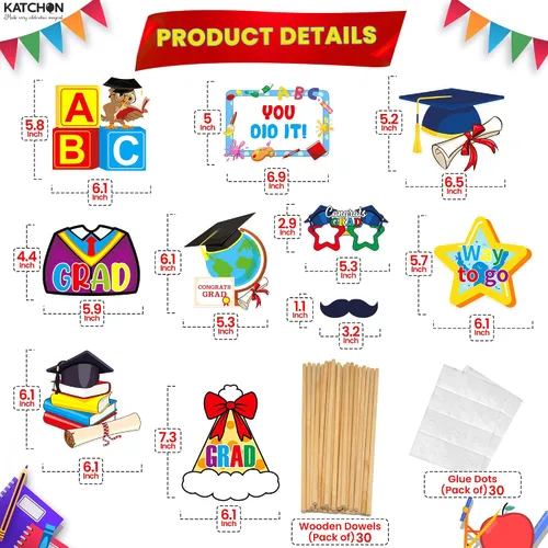 Vista 3 de KatchOn, Accesorios para fotos de graduación de jardín de infantes – Paquete de 30 Accesorios de cabina de fotos de graduación de jardín