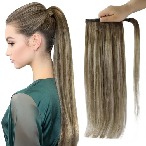 Vista 11 de Extensiones de cabello Full Shine con clip para cola de caballo, cabello humano, tonos medios marrones y rubio miel, envoltura alrededor de la cola