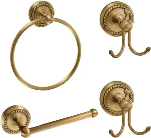 Vista 15 de Juego de 4 Piezas de Accesorios de Baño de Latón Antiguo Dorado Montados en la Pared Toallero y Anillo para Toallas y Portapapel Higiénico y Gancho
