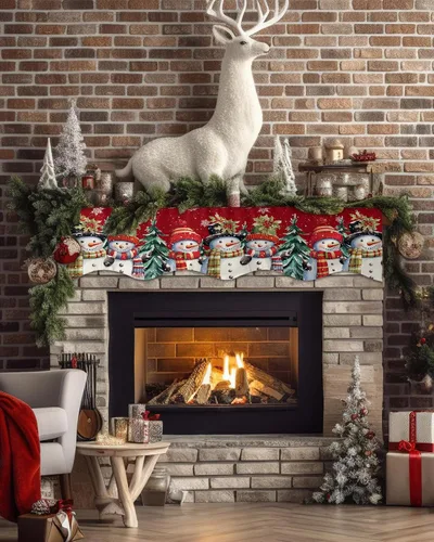 Vista 2 de Bufanda para Repisa de Chimenea de Navidad de 60 x 17 Pulgadas, Muñeco de Nieve Rojo Árboles de Navidad Bufanda para Repisa de Chimenea Cubierta