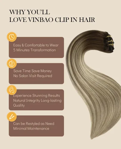Vista 26 de VINBAO Extensiones de cabello humano con clip, balayage, color marrón ceniza a rubio caramelo, 14 pulgadas, 6 unidades, 3.53 onzas, 6