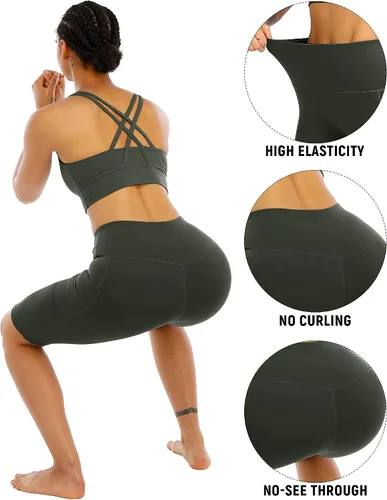 Vista 4 de WHOUARE Paquete de 4 pantalones cortos de yoga con bolsillos para mujer, cintura alta, atléticos, correr, entrenamiento, gimnasio, control de abdomen