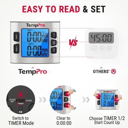 Vista 6 de ThermoPro TM02 - Temporizador digital de 24 horas con temporizadores de cocina duales para cocinar, cronómetros, reloj magnético con volumen