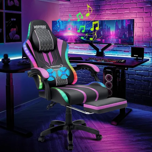 Vista 10 de HOFFREE Silla LED para juegos con altavoces, silla de computadora grande y alta con luces RGB, silla de juego Bluetooth con reposapiés, sillas