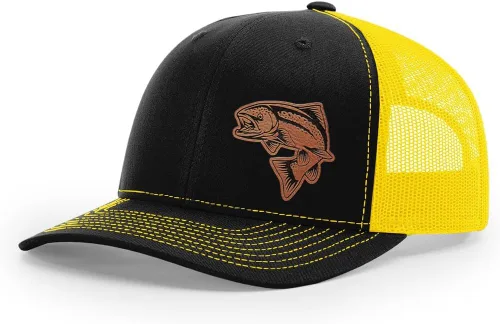 Vista 22 de Sombrero de pesca de salmón con parche de cuero grabado láser Richardson 112 Snapback Trucker Cap