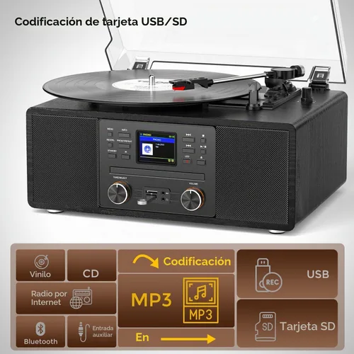 Vista 3 de Tocadiscos todo en uno con reproductor de CD, radio por Internet Negro-negro
