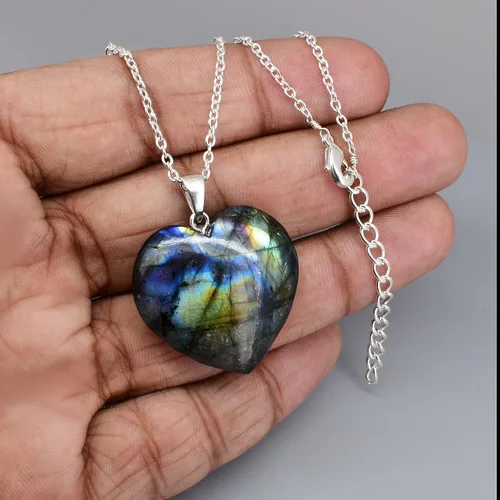 Vista 4 de Gempires Natural Labradorite Heart Pendant Necklace, Handmade Jewelry, Silver Plated 18 + 2 Inch Adjustable Chain (Labradorite)