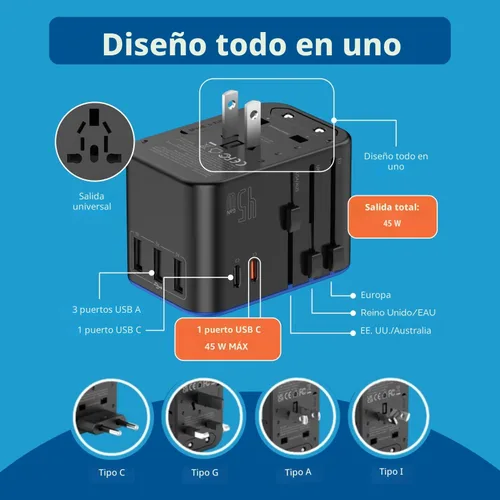 Vista 3 de Ceptics 45W Universal Travel Adapter w/ 3 USB-A, 2 USB-C & Universal Input Negro
