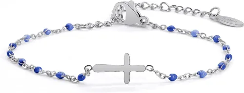Vista 22 de Pulsera de Cuentas con Cruz Chapada en Oro de 14K para Mujeres, Pulsera de Acero Inoxidable Ajustable con Cruz de Fe Religiosa, Pulsera de Cadena