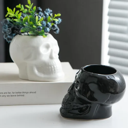 Vista 8 de Tanvecle - Macetas de calavera (2 unidades), jarrón gótico de esqueleto para Halloween Ceramic planter for succulent, flowers, centerpiece table