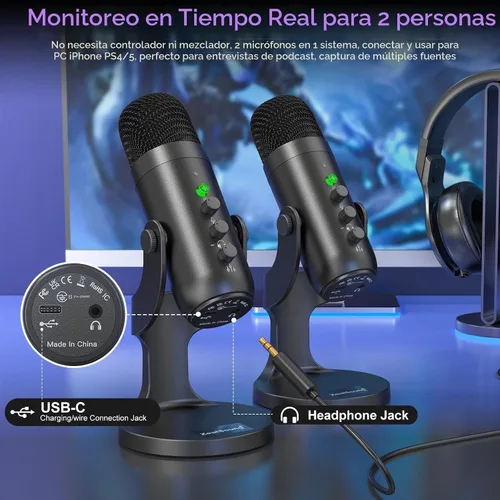 Vista 5 de ZealSound Micrófono inalámbrico de podcast para PC y iPhone, micrófonos de escritorio dobles con reducción de ruido, toque para silenciar, controles