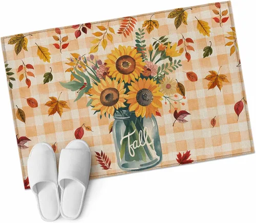 Vista 9 de Small Area Rugs 2x3 Ft, Sunflower Non-Slip Area Rugs for Living Room Bedroom Entryway, Orange Plaid Farmhouse Leaves Watercolor Retro Washable