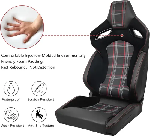 Vista 2 de IKON MOTORSPORTS, Asiento universal de carreras PU + cuero de carbono + gamuza, con deslizadores dobles, asiento deportivo reclinable negro