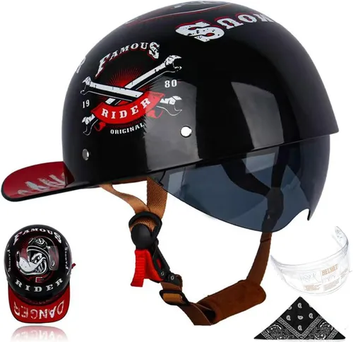 Vista 21 de Gorra de béisbol para motocicleta, 3 unidades, aprobado por DOT, estilo vintage, cara abierta, unisex, para adultos, medios cascos de doble lente