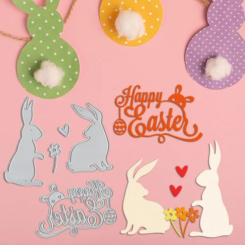 Vista 4 de Troqueles de metal para hacer tarjetas, conejo de Pascua, conejo, flor, corazón, globo, palabras, troqueles de corte para decoración de bricolaje