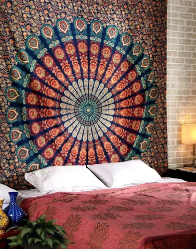 Vista 10 de Tapiz para pared con diseño hippie de mandala, bohemia e hindú Azul y verde