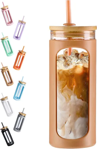 Vista 18 de Kodrine Vaso para agua de vidrio de 20 onzas con popote y tapa, botella de agua con tapas de bambú, taza para café helado, reutilizable, boca ancha