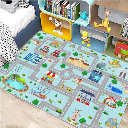Vista 8 de Alfombra de coche para niños, 2 pies 7 pulgadas x 4 pies, alfombra de juego de tráfico urbano para autos de carreras y juguetes, divertida alfombra